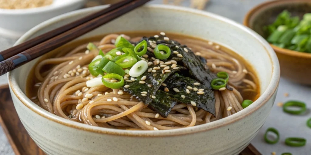 Buckwheat soba noodle bowl with green onions