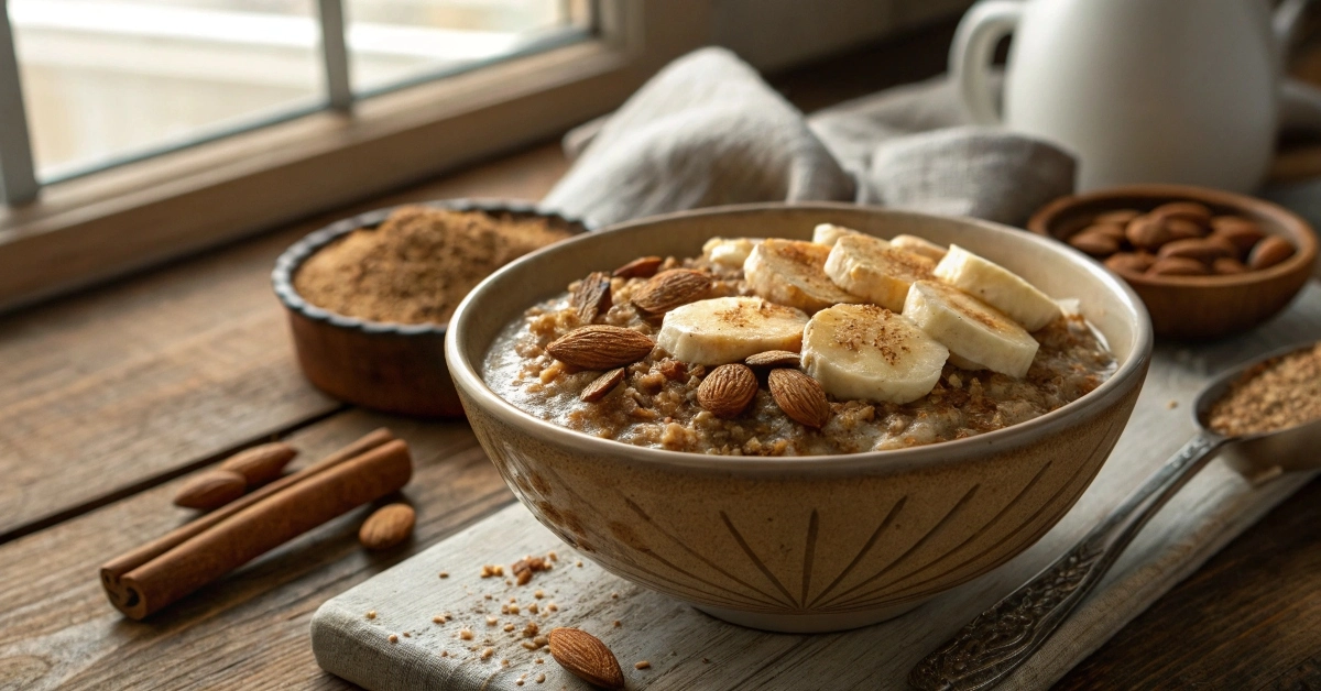 Buckwheat porridge breakfast bowl topped with banana