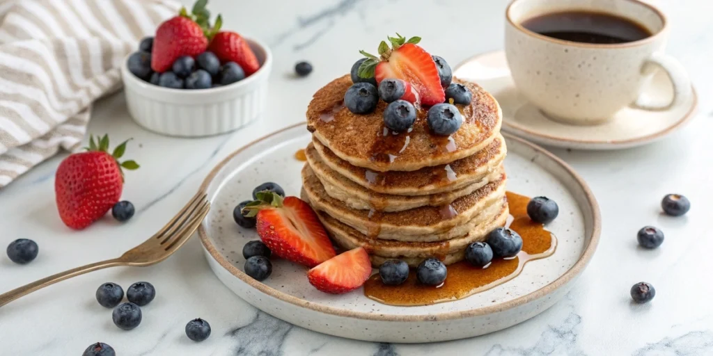 Stack of fluffy buckwheat pancakes with syrup