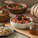 Assortment of gluten-free buckwheat recipes including pancakes, salad, and bread on a rustic kitchen table