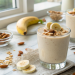 Thick almond milk smoothie in a glass with banana and almond topping