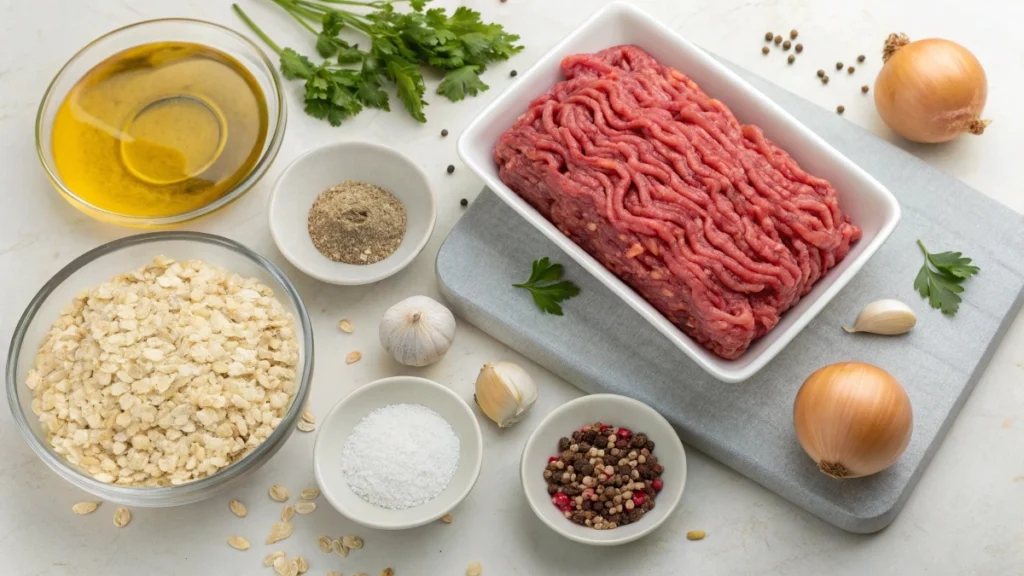 Ingredients for gluten-free meatloaf on a home kitchen counter