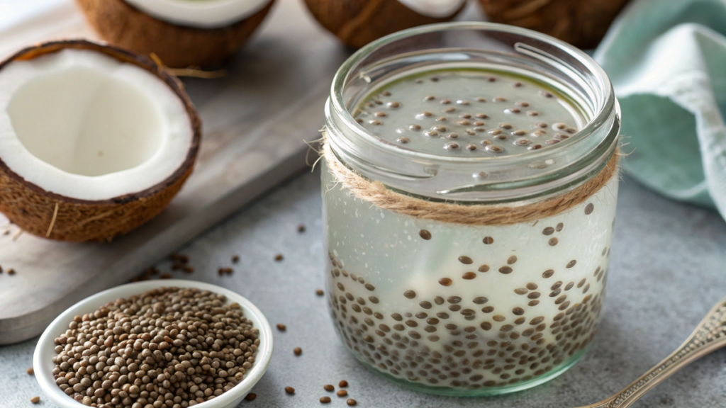 chia seeds mixed with coconut water for smoothie base