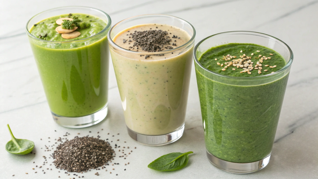 variations of coconut banana chia seed smoothie with spinach, protein, and avocado