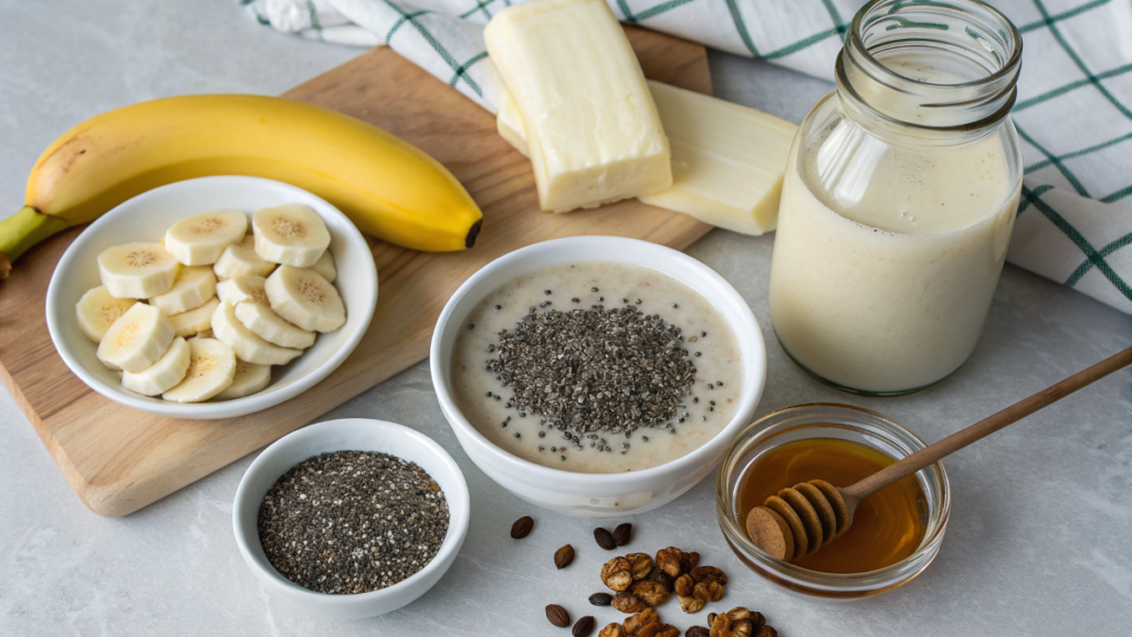 ingredients for coconut banana chia seed smoothie on kitchen counter