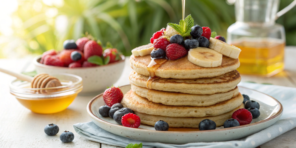 fluffy buckwheat pancakes with fruits and honey